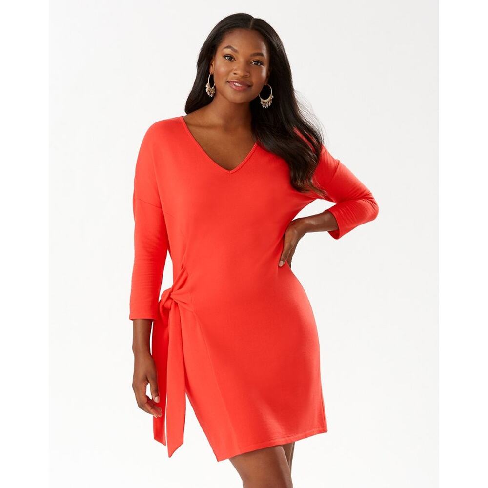 Tommy Bahama Womens Dress Tie Side Sleeved Preppy Summer Orange Large Midi Large